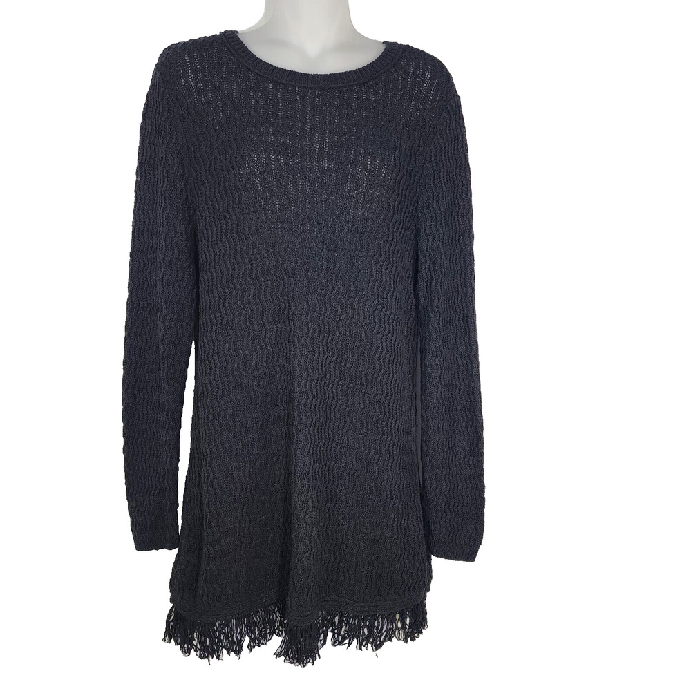 J Jill Sweater Size Medium Womens Black Fringed Tunic Textured Knit Long Sleeve
